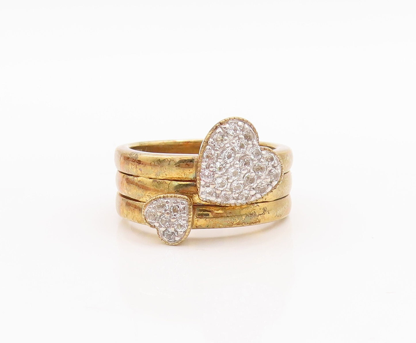 925 Sterling Silver Vintage Ring Gold Plated CZ Beaded Hearts  Sz 7  RG29225