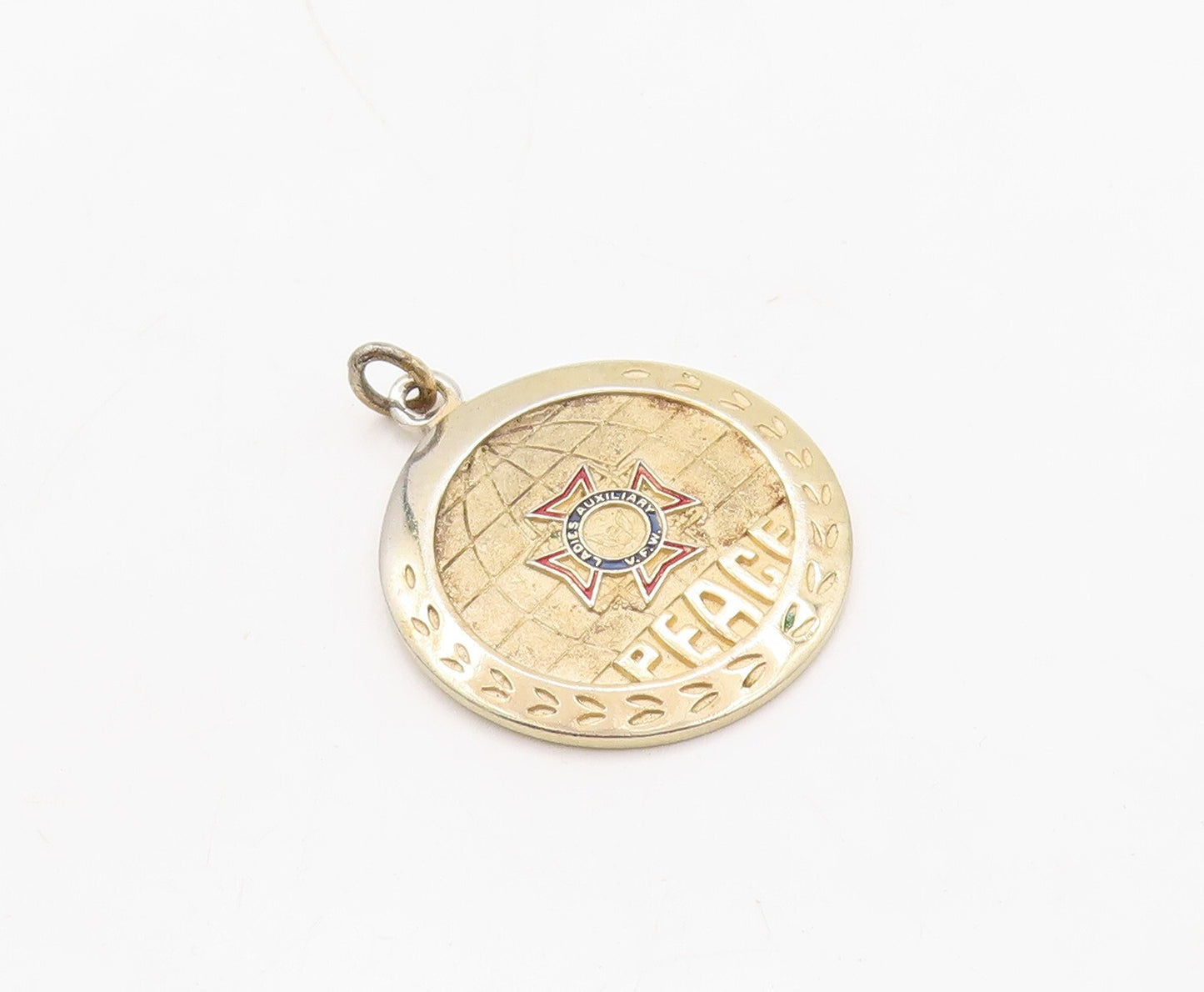 925 Sterling Silver Vintage Pendant Gold Plated Enameled Peace Carved  PT23623