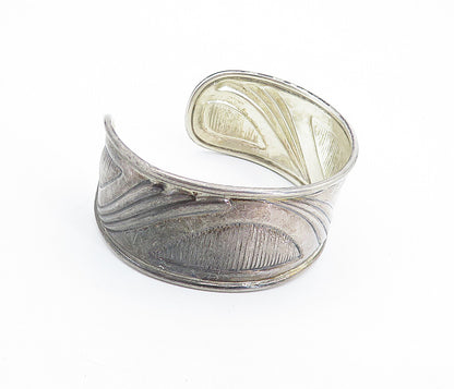 925 Sterling Silver  Vintage Oxidized Etched Raised Edge Cuff Bracelet  BT3284