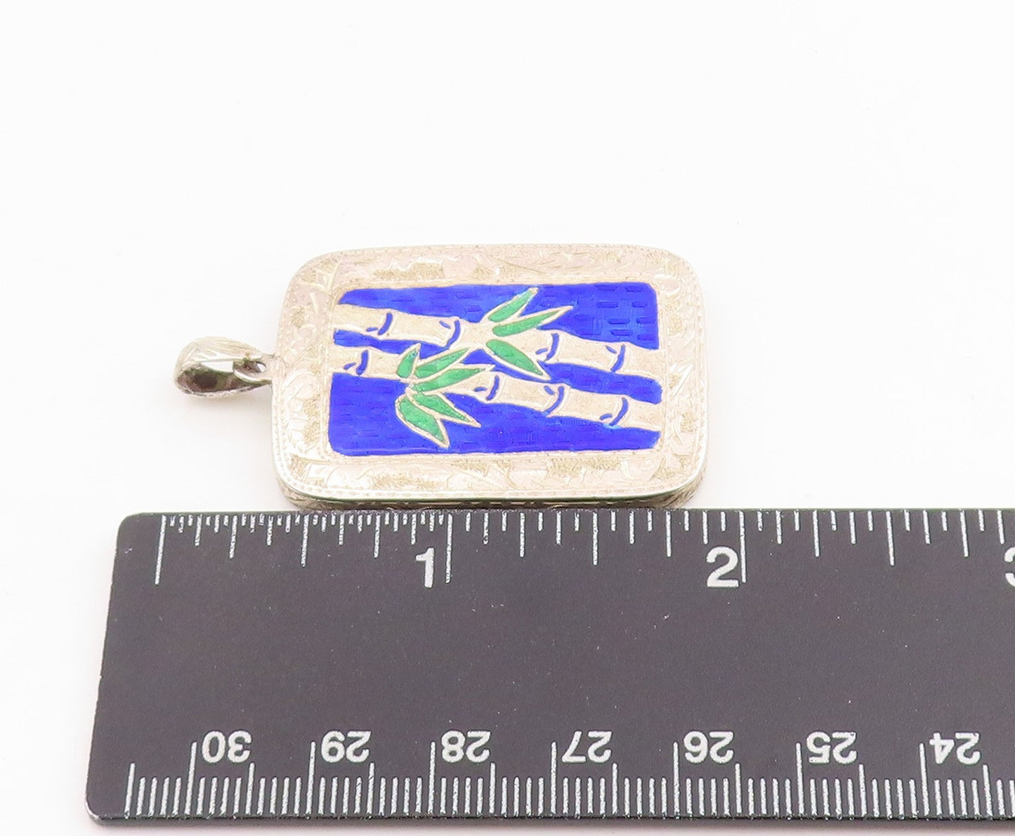 925 Sterling Silver Vintage Pendant Blue Enameled Bamboo Medallion  PT25187
