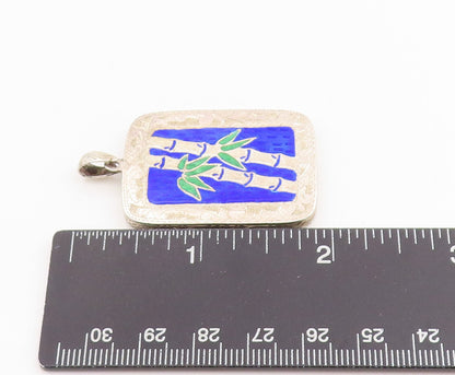 925 Sterling Silver Vintage Pendant Blue Enameled Bamboo Medallion  PT25187