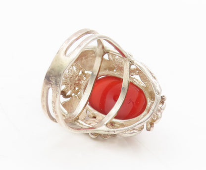 ISRAEL 925 Silver  Vintage Cutout Floral Carved Carnelian Ring Sz 6.5  RG27397