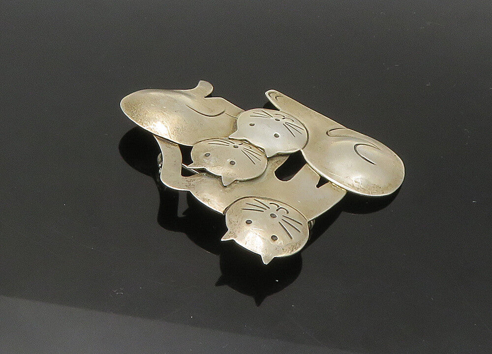 MEXICO 925 Sterling Silver  Vintage Shiny Cat Family Love Brooch Pin  BP8811