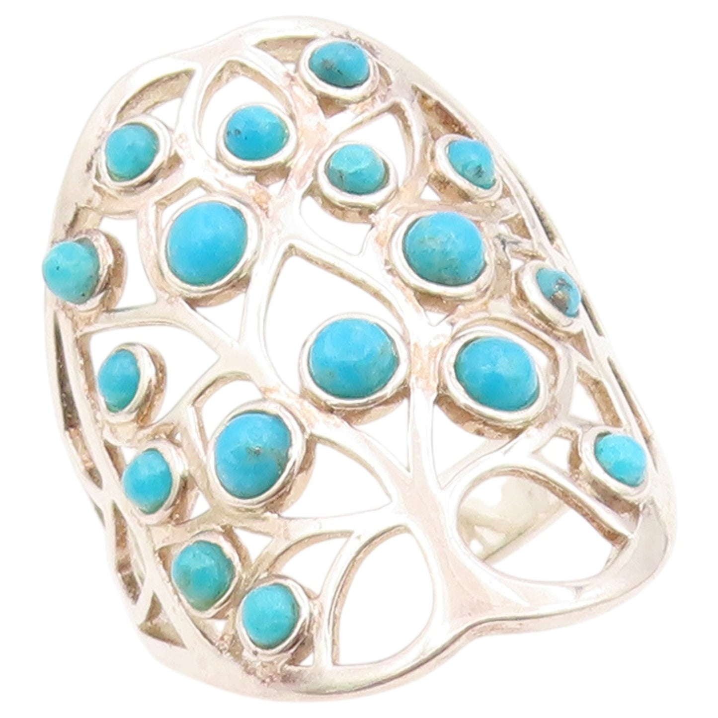925 Sterling Silver Vintage Ring Round Turquoise Openwork Band  Sz 8.5  RG36449