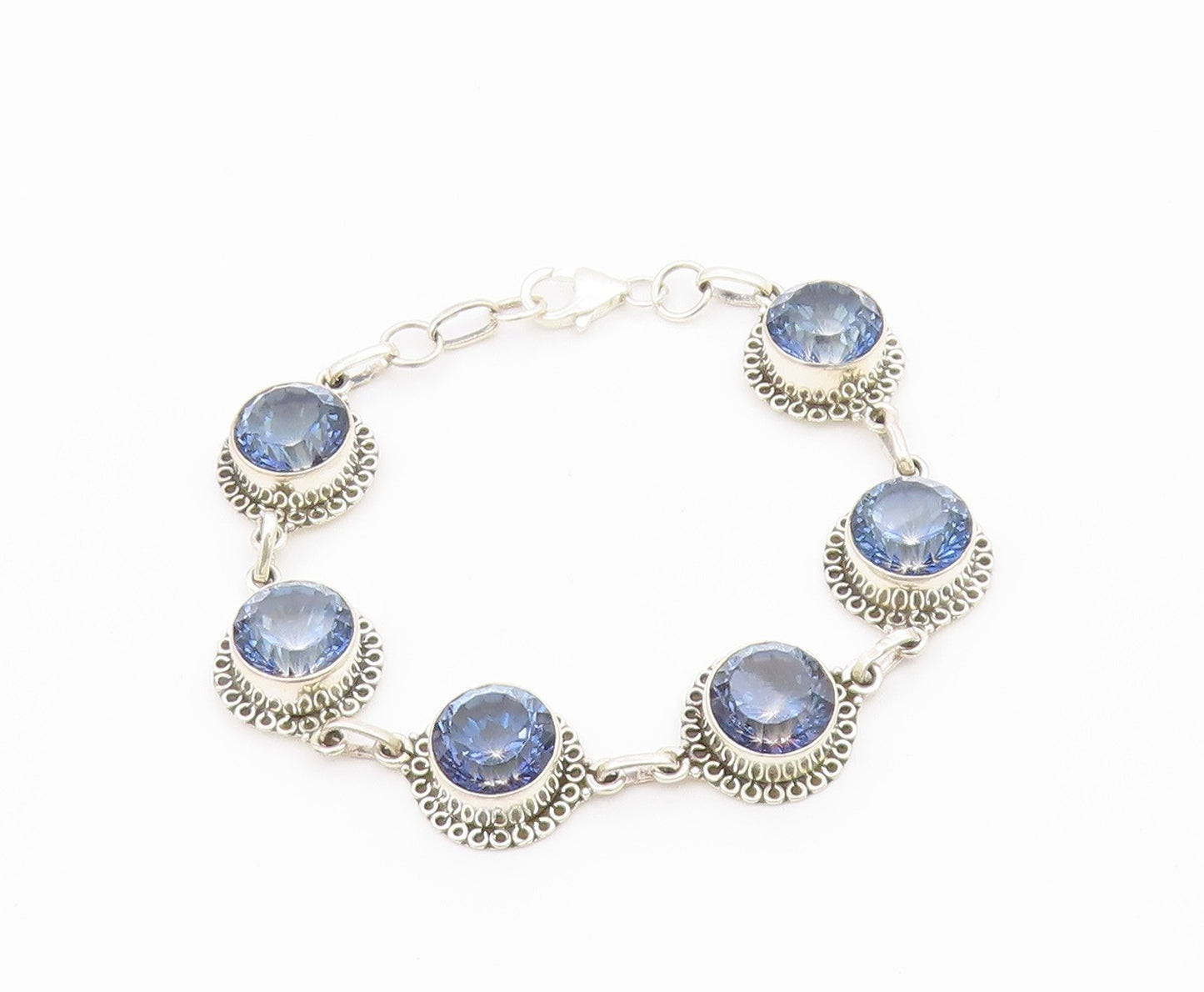 925 Sterling Silver Faceted Blue Topaz Shiny Floral Chain Bracelet BT3815