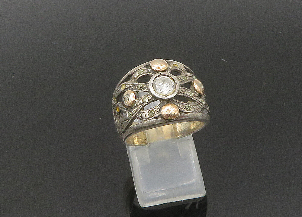 EUROPEAN 925 Silver & 14K GOLD  Vintage Cubic Zirconia Band Ring Sz 7  RG21811