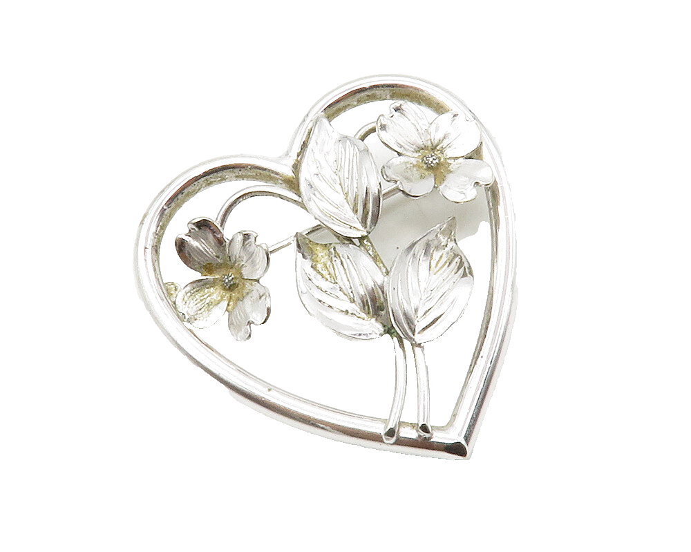 HARRY S. BICK 925 Silver  Vintage Shiny Floral Love Heart Brooch Pin  BP5050