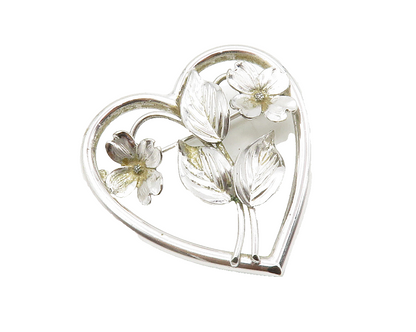 HARRY S. BICK 925 Silver  Vintage Shiny Floral Love Heart Brooch Pin  BP5050