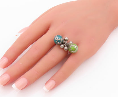 925 Sterling Silver Vintage Ring Floral Design Enameled Beads  Sz 6.5  RG32378