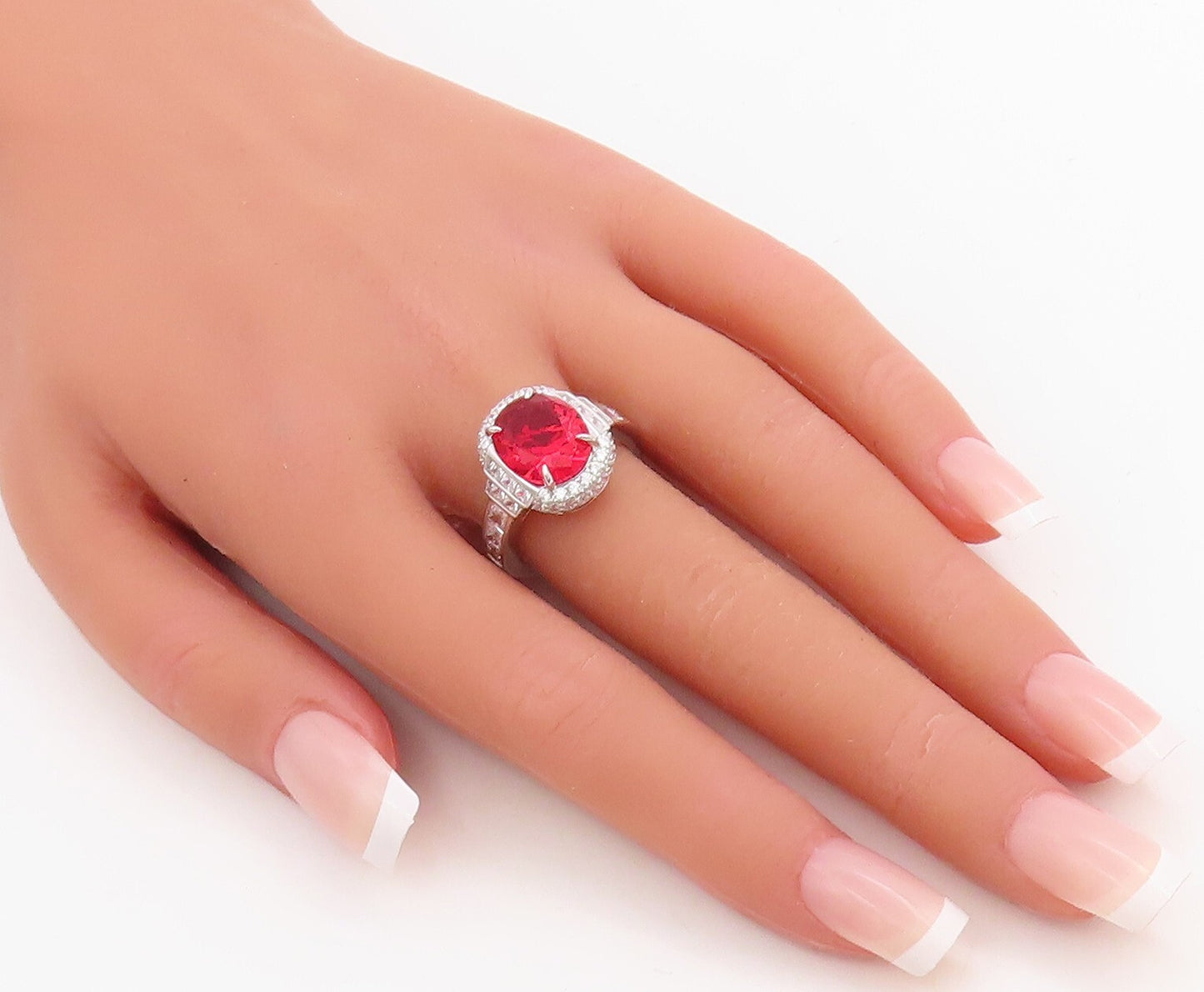 925 Sterling Silver Vintage Ring Oval Cut Red Halo White Topaz  Sz 7  RG30730
