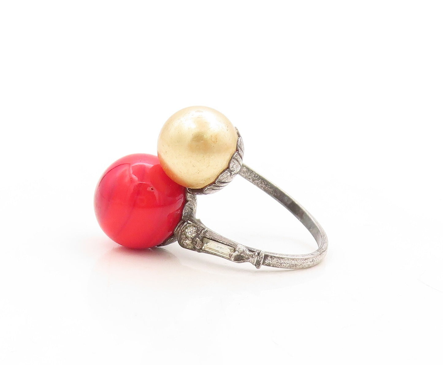 925 Sterling Silver Vintage Ring Designer Dark Tone Gemstone Pearl  Sz 5 RG31570
