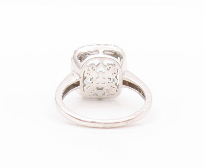 925 Sterling Silver Vintage Ring Square Cut Blue Topaz Halo CZ  Sz 7.5  RG32490