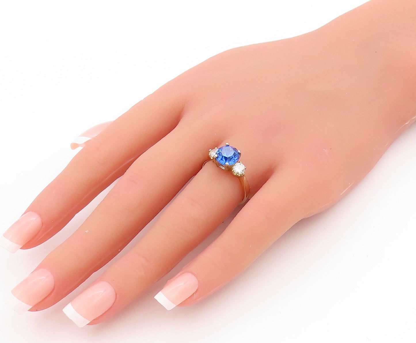 925 Sterling Silver Vintage Ring Gold Plated Round Sapphire Topaz  Sz 8  RG33365