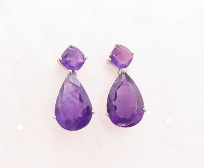 925 Sterling Silver Vintage Earrings Square & Drop Cut Dangling Amethyst EG13158