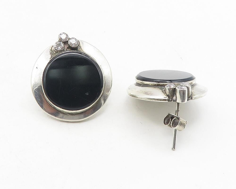 925 Sterling Silver  Vintage Black Onyx & Topaz Round Drop Earrings  EG6250