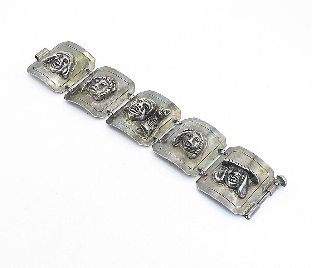 925 Sterling Silver  Vintage Antique Sculpted Faced Chain Bracelet  BT2079