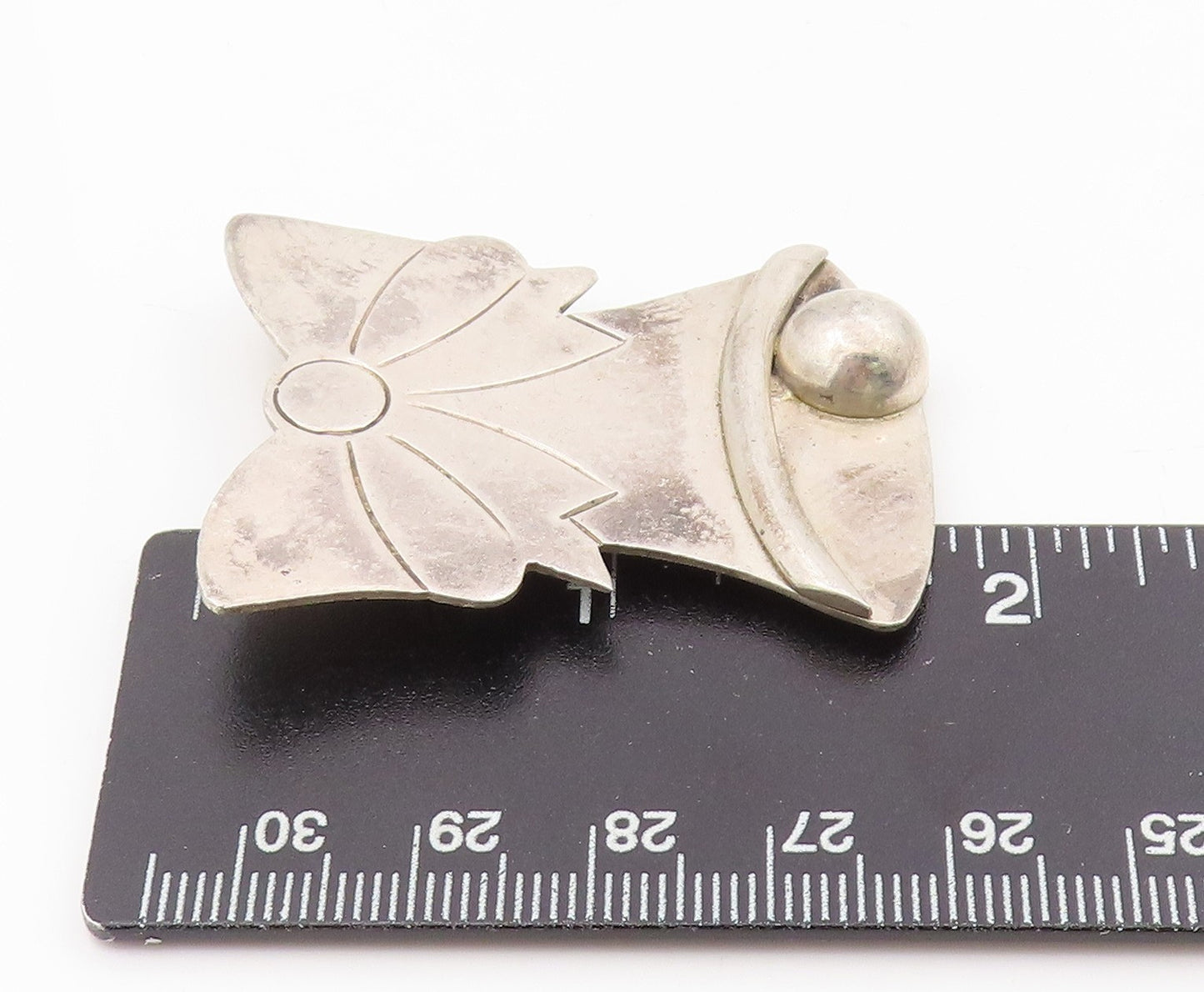 925 Sterling Silver Vintage Brooch MEXICO Etched Christmas Bow & Bell  BP12131
