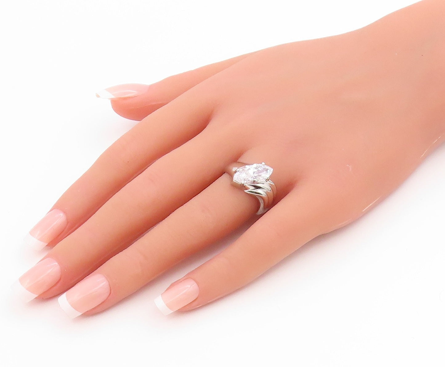 925 Sterling Silver Vintage Ring Marquise Cut CZ Ribbed Wave Band  Sz 7  RG35762