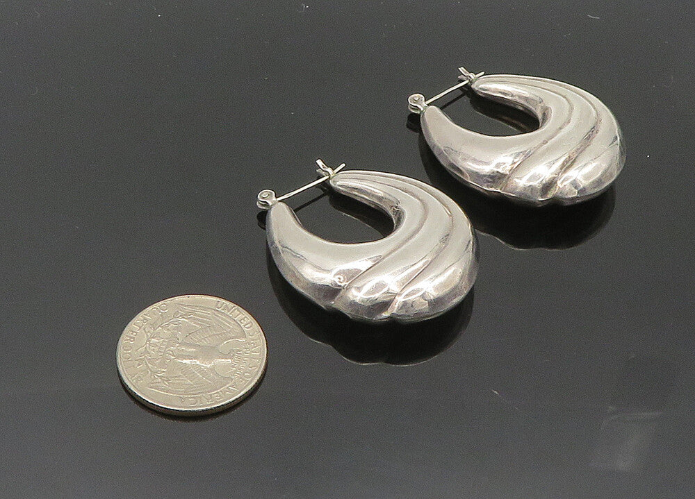 925 Sterling Silver  Vintage Hollow Fluted UShape Hoop Earrings  EG10128