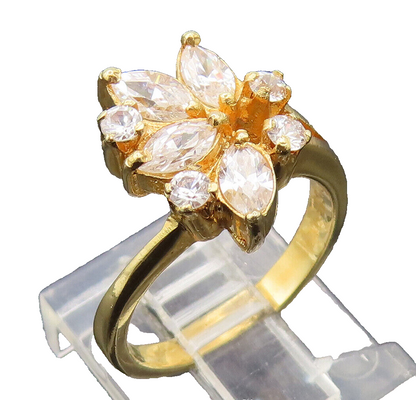 925 Sterling Silver  Vintage Gold Plated Designer Floral CZ Ring Sz 5  RG27387