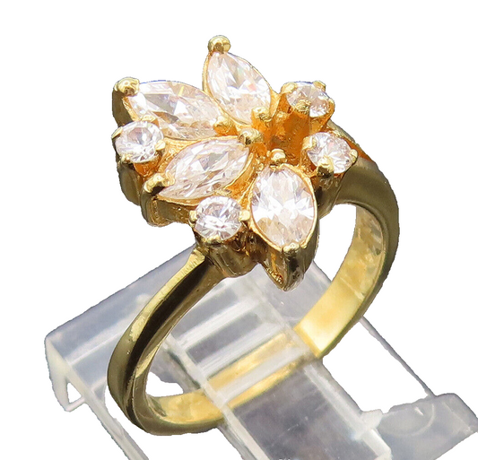 925 Sterling Silver  Vintage Gold Plated Designer Floral CZ Ring Sz 5  RG27387