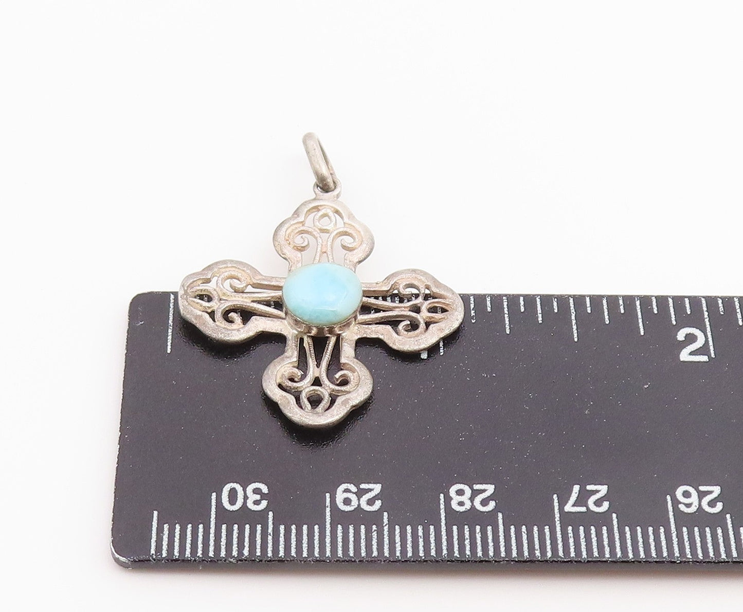925 Sterling Silver Vintage Pendant Larimar Scrollwork Religious Cross  PT26523