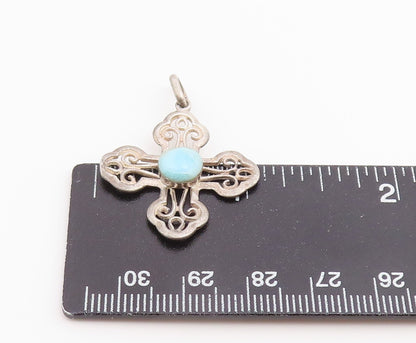 925 Sterling Silver Vintage Pendant Larimar Scrollwork Religious Cross  PT26523