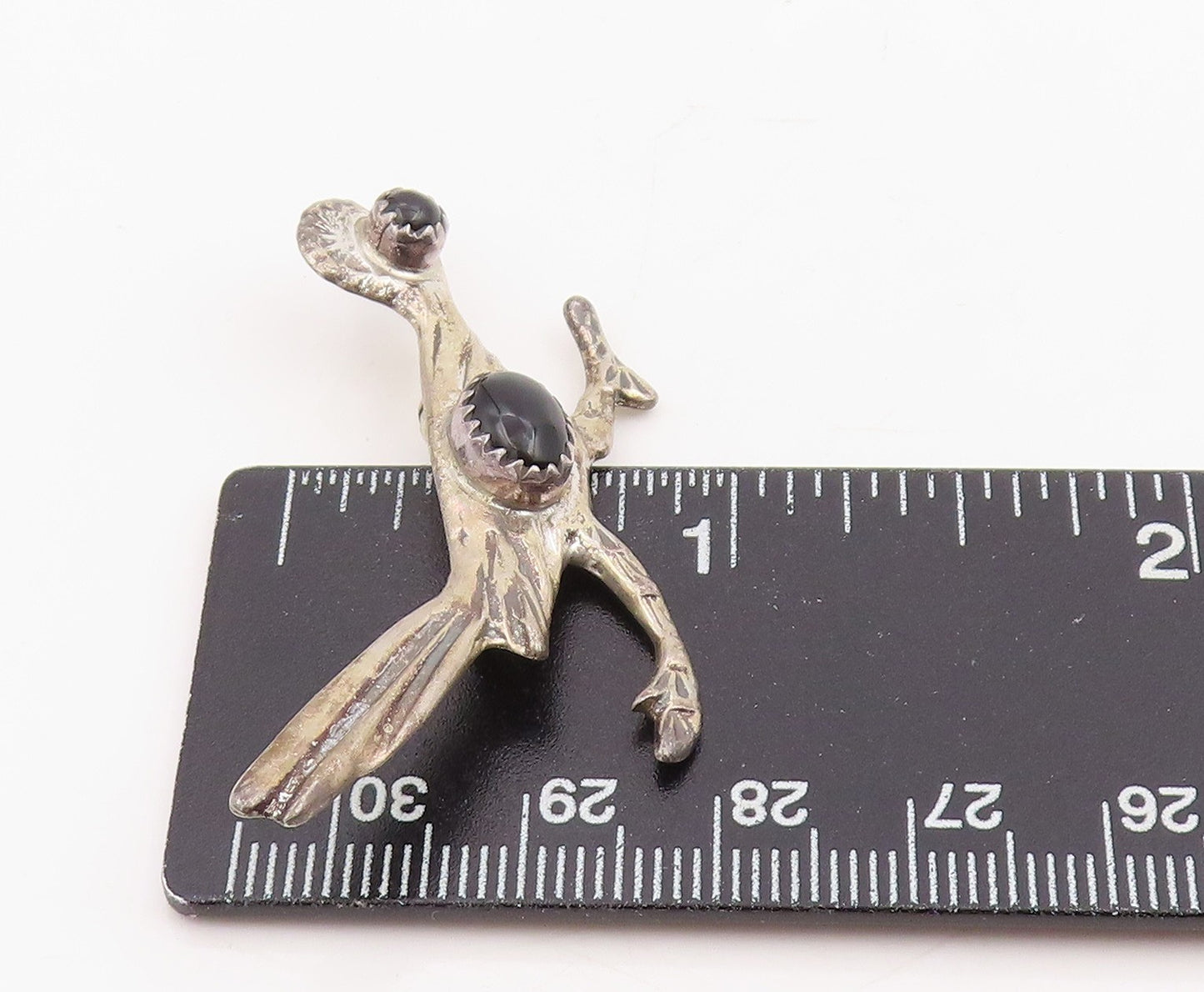 925 Sterling Silver Vintage Brooch Pin NAVAJO Cabochon Onyx Roadrunner  BP12292