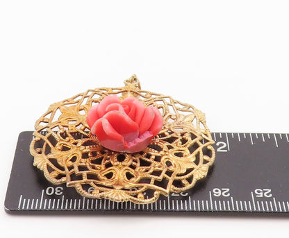 925 Sterling Silver Vintage Pendant Gold Plated Gemstone Rose Floral Cut PT24248
