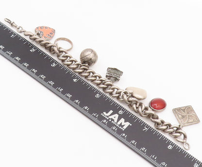 925 Sterling Silver Vintage Bracelet Carnelian & Carved Dangling Charms  BT10210