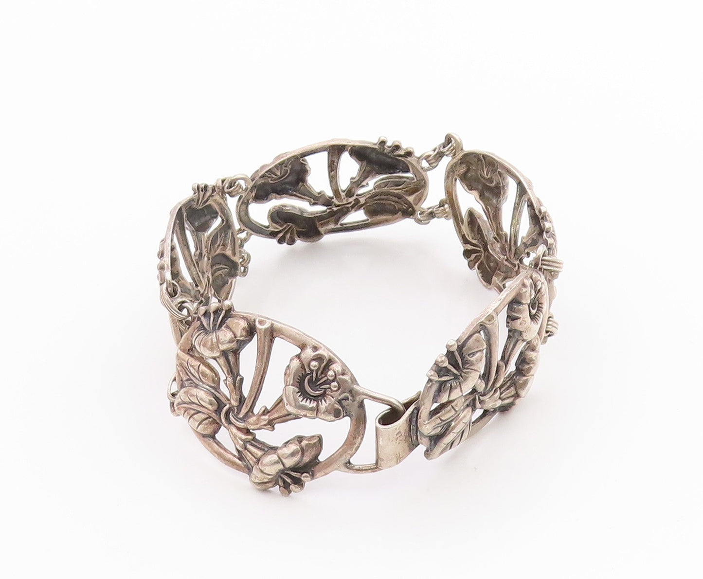 925 Sterling Silver Vintage Bracelet DANECRAFT Dark Tone Floral Cutout  BT11341
