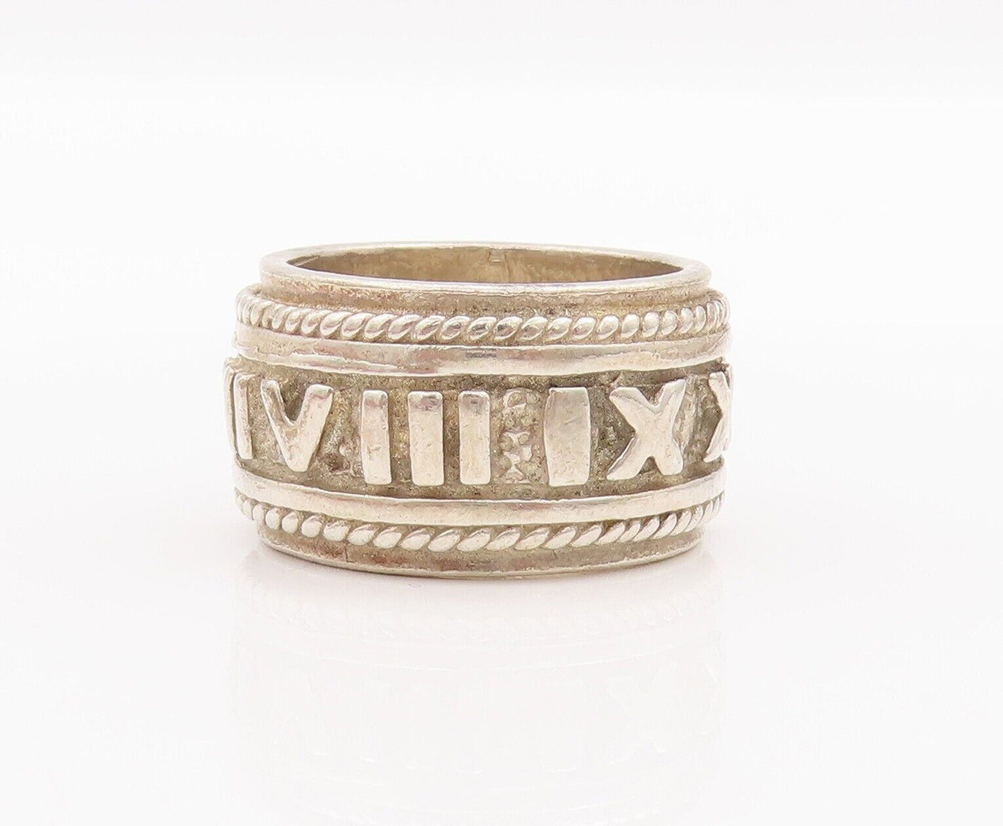 925 Sterling Silver Vintage Ring Solid All Around Roman Numeral  Sz 8 RG28400
