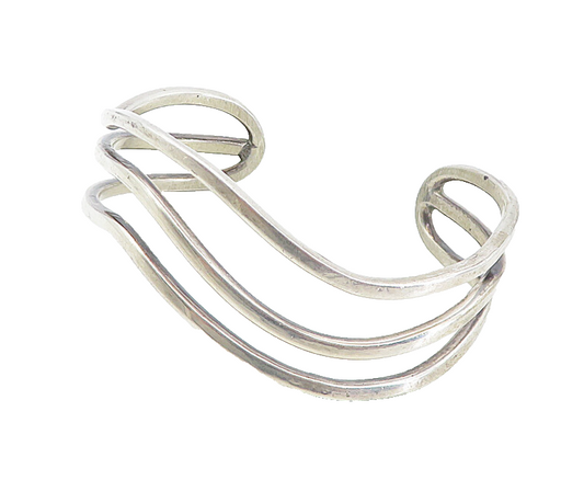 MEXICO 925 Sterling Silver  Vintage Shiny Wavy Split Cuff Bracelet  BT3851