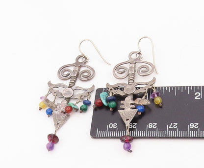 925 Sterling Silver Vintage Earrings Multi Gemstone Tribal Sword Dangle  EG14002