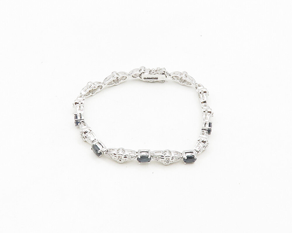 925 Sterling Silver  Genuine Diamond & Sapphire Floral Chain Bracelet  BT7260