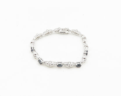 925 Sterling Silver  Genuine Diamond & Sapphire Floral Chain Bracelet  BT7260