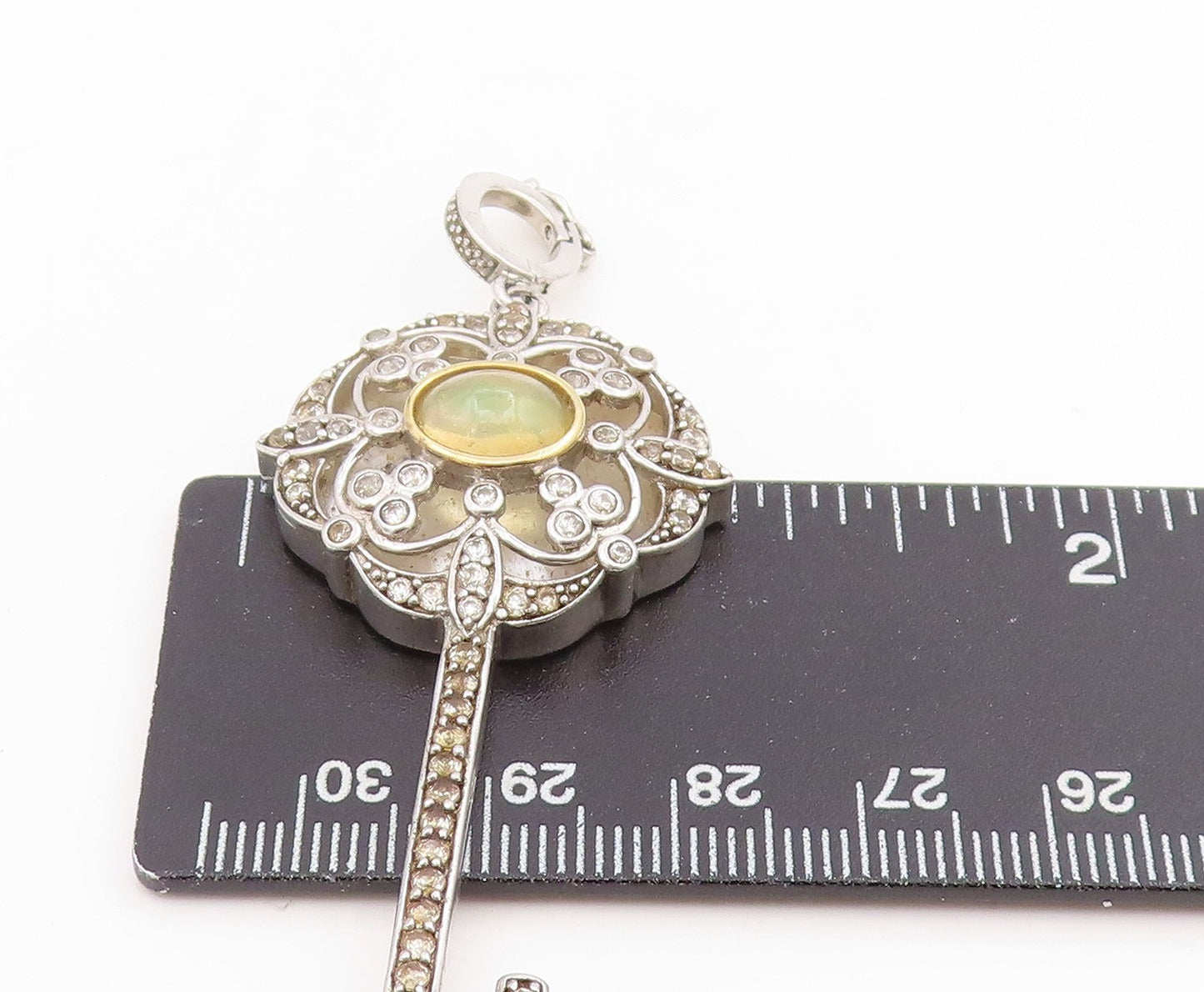 925 Sterling Silver Vintage Pendant Cabochon Opal & CZ Treasure Key  PT25644