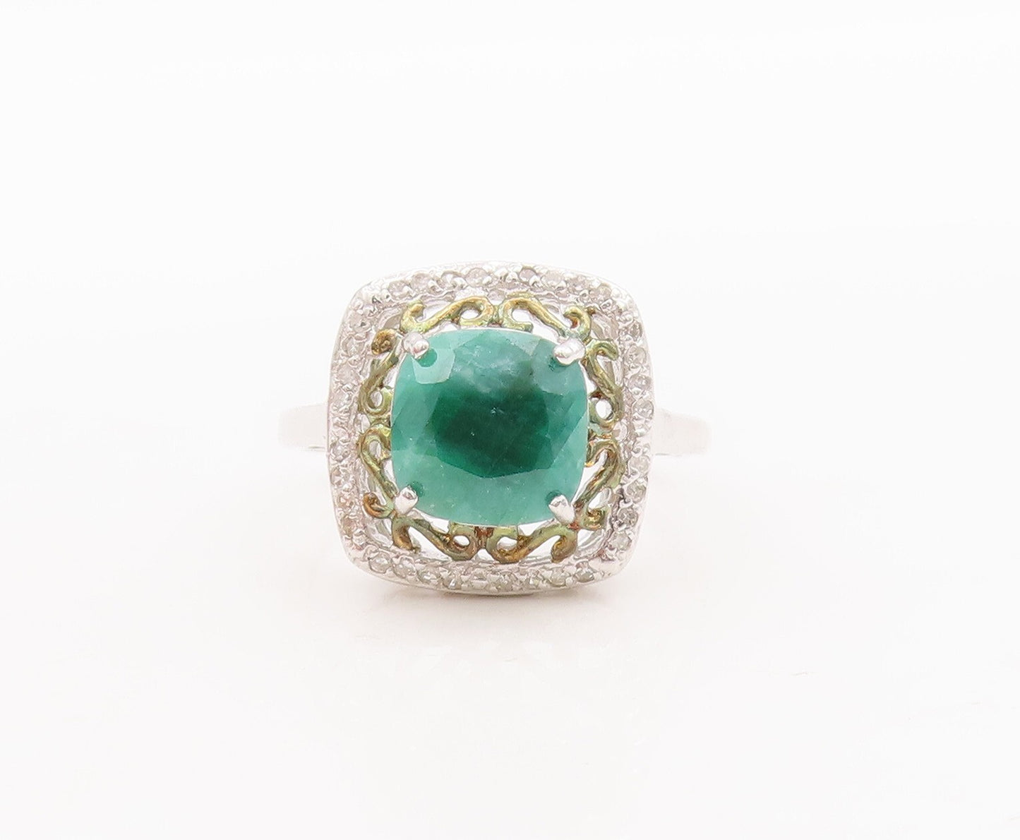 925 Sterling Silver Vintage Ring Swirly Cutout Diamonds & Gemstone Sz 7  RG29699