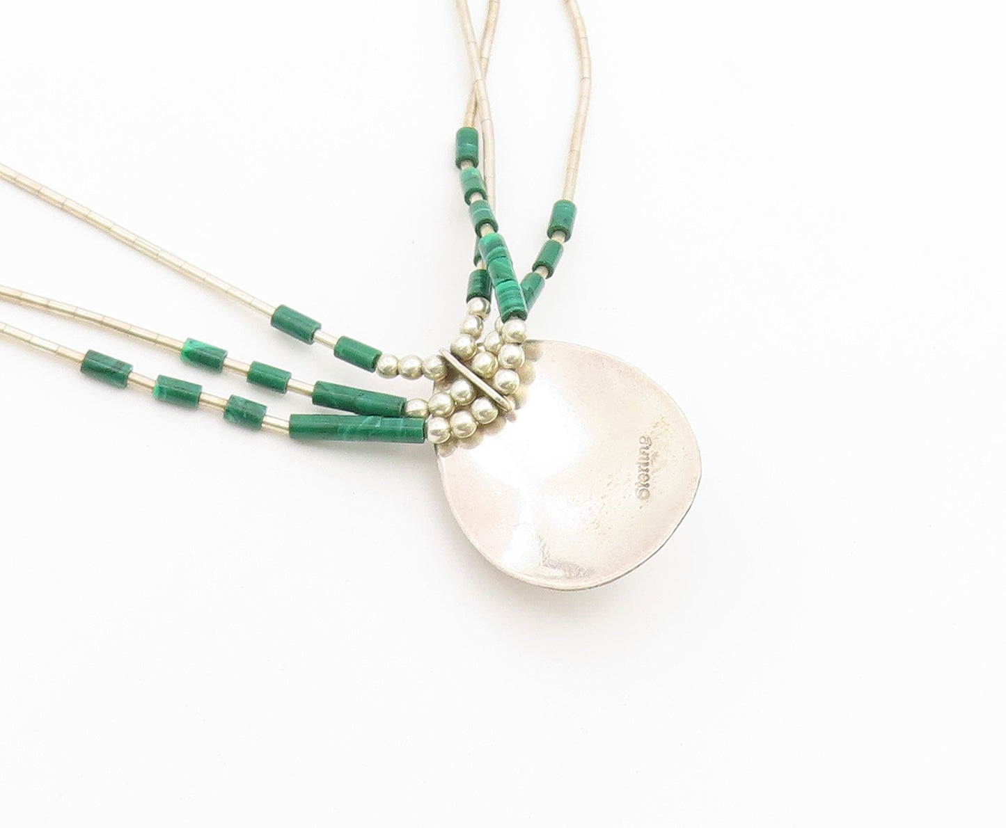 925 Sterling Silver Vintage Necklace NAVAJO ZUNI Malachite Teardrop Chain NE4904
