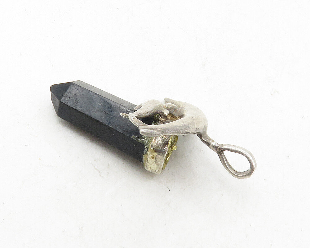 925 Sterling Silver  Vintage Black Onyx Wand Mom & Baby Dolphin Pendant PT7728
