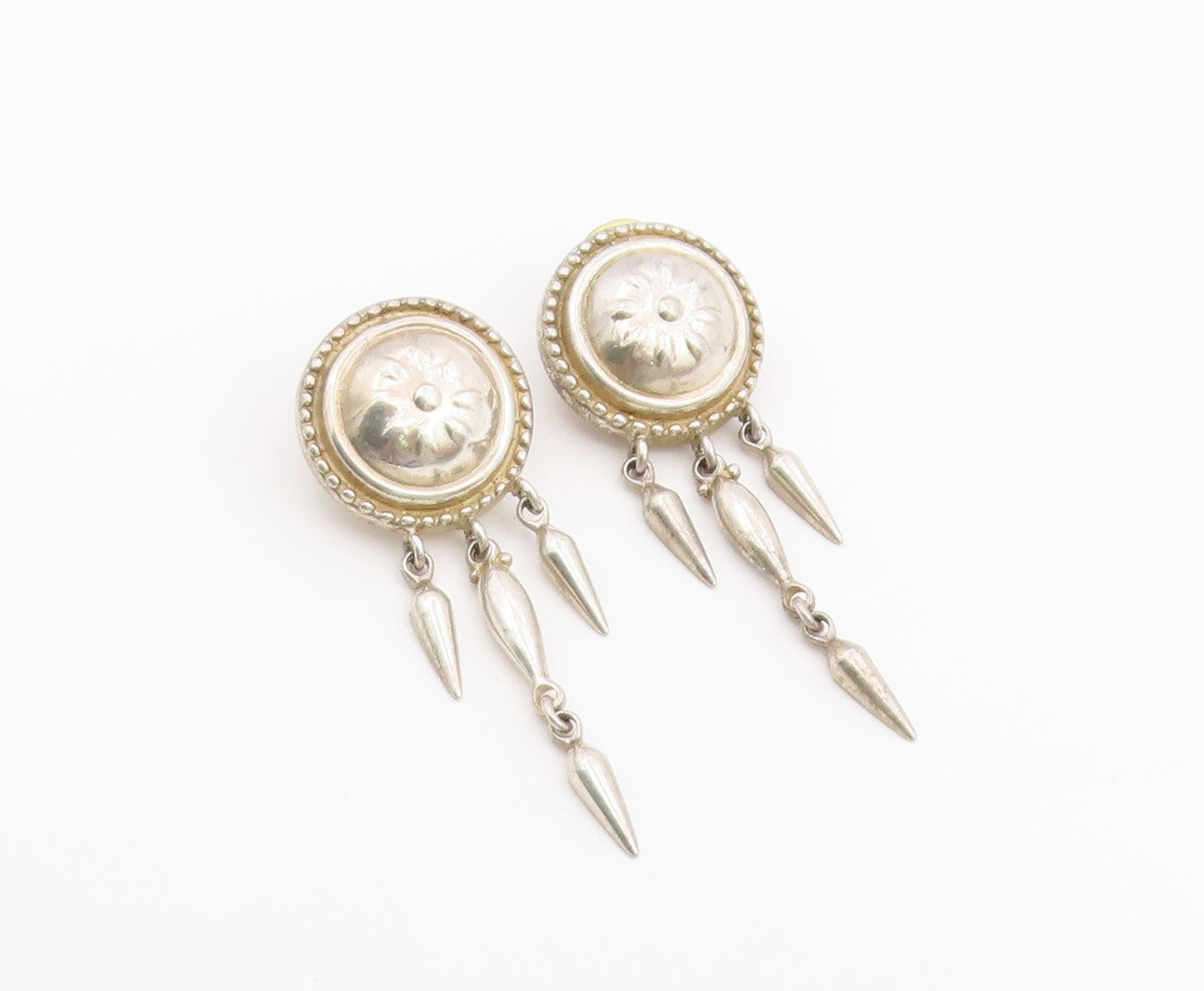 925 Sterling Silver Vintage Earrings Floral Motif Concho Dangle  EG14420