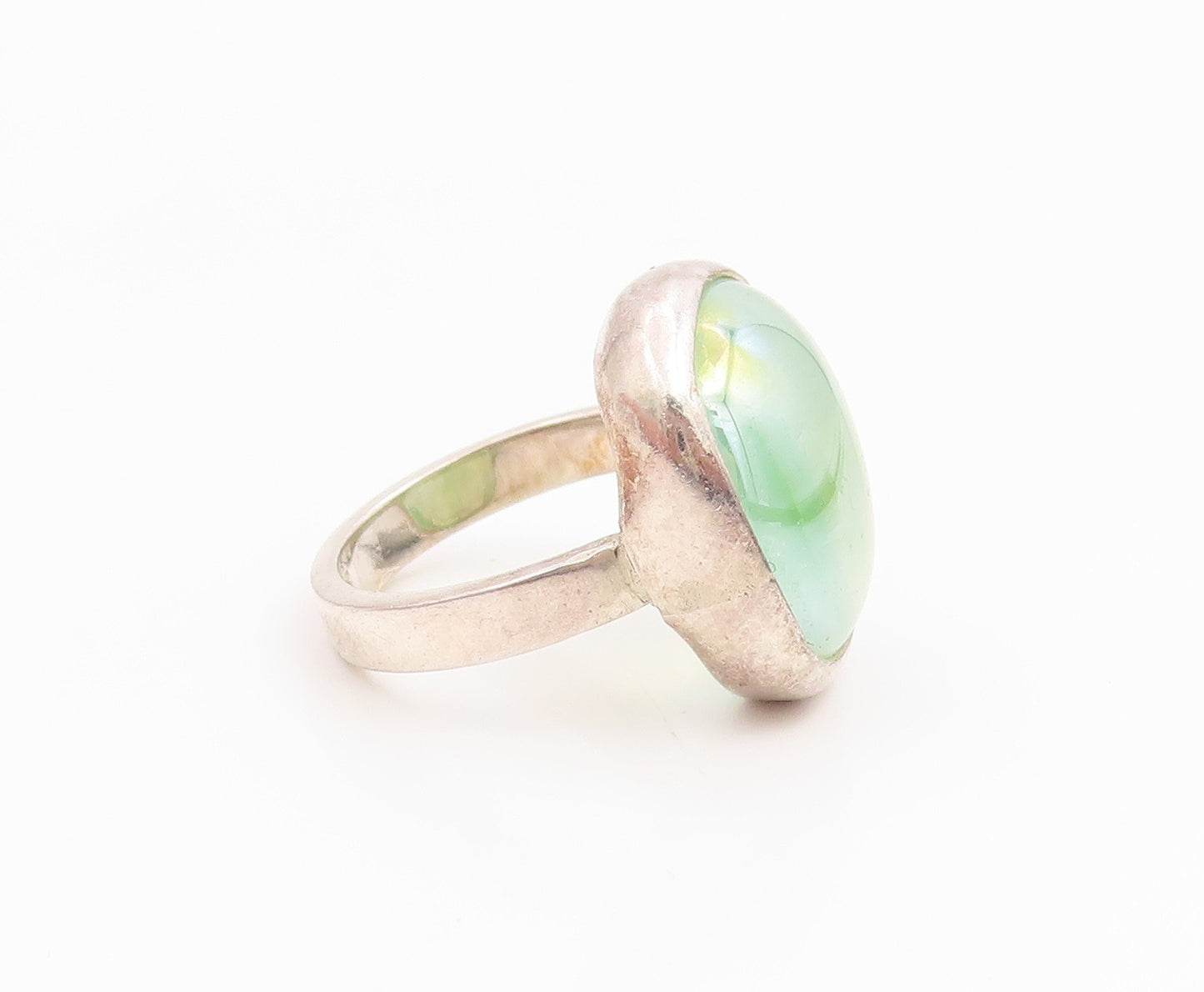 925 Sterling Silver Vintage Ring Minimalist Green Stone Band  Sz 5  RG35457
