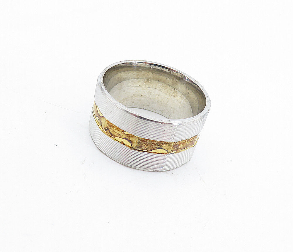 925 Sterling Silver  Shiny Two Tone Etched Angled Band Ring Sz 9.5  RG5846