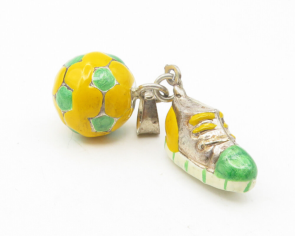 925 Sterling Silver  Vintage Enamel Soccer Ball & Cleat Sports Pendant  PT9350