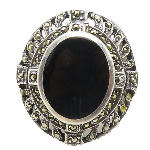 925 Sterling Silver  Vintage Black Onyx & Marcasite Cocktail Ring Sz 6  RG9864