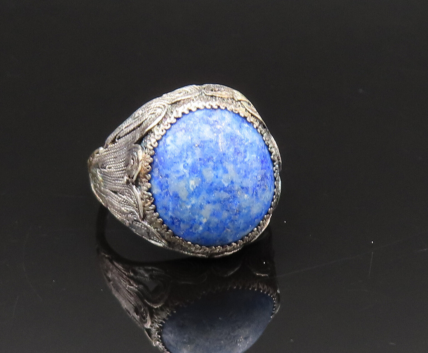 925 Silver  Vintage Antique Cabochon Sodalite Filigree Ring Sz 5  RG25481