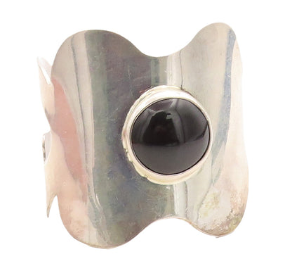 MEXICO 925 Sterling Silver Vintage Black Gemstone Large Cuff Bracelet BT1384