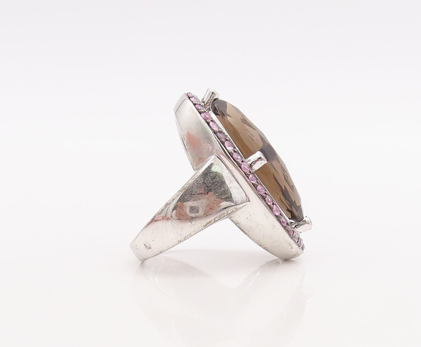 925 Sterling Silver Vintage Ring Pink CZ & Oval Cut Smoky Quartz Sz 7  RG29841