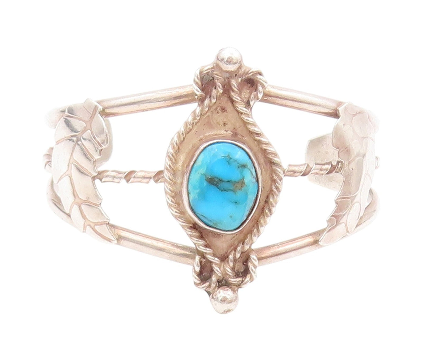 925 Sterling Silver Vintage Bracelet Floral Cutout Turquoise Cuff  BT11129