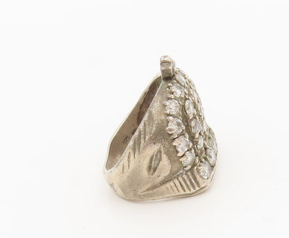 925 Sterling Silver  Vintage Stencil Carved CZ Beaded Crown Ring Sz 7  RG27391